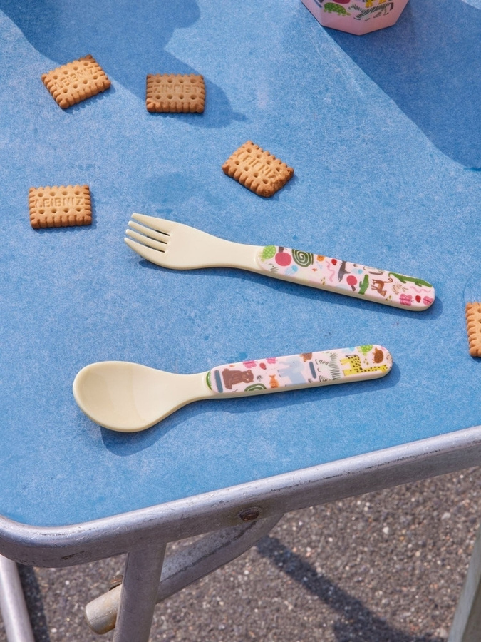 Rice Melamin Löffel und Gabel Set Wildlife Pink für Kinder in matter Optik - Bild 2