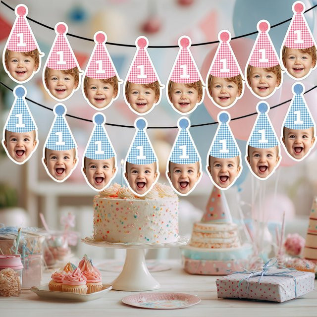Personalisierte Geburtstagsparty Banner mit Foto und Zahlen-Design, kariertes Wimpel-Set aus Papier für den ersten Geburtstag, erhältlich in Pink, Blau, Gelb und Grün - Bild 1