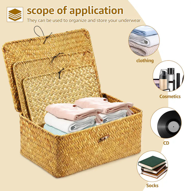 3-teiliges Set handgewebte Aufbewahrungskörbe aus Rattan in Beige im Vintage-Design mit Deckel und rechteckiger Form - Bild 6