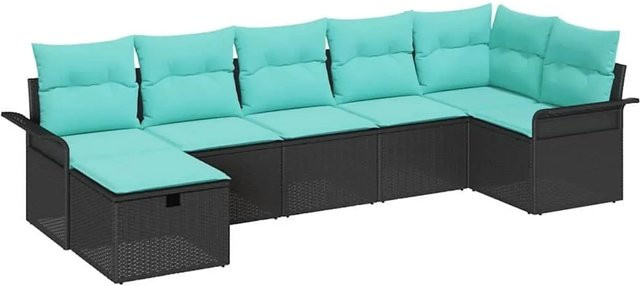 vidaXL Gartensofa-Set aus Poly-Rattan in Schwarz-Türkis mit 7 Kissen und L-Form - Bild 1
