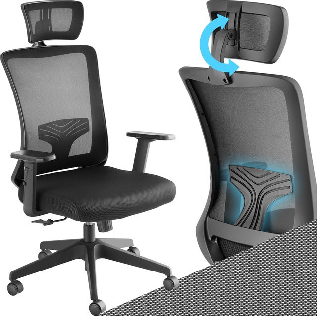 tectake Bürostuhl in Schwarz mit Netzstoffbezug, ergonomische Form mit Lordosenstütze, verstellbarer Kopfstütze, höhenverstellbaren Armlehnen und Wippfunktion - Bild 1