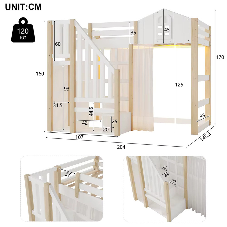 Hochbett für das Kinderzimmer in Fensterform mit LED-Beleuchtung und Gaze, Weiß und Beige, B/T/H: 90 x 200 cm - Bild 2
