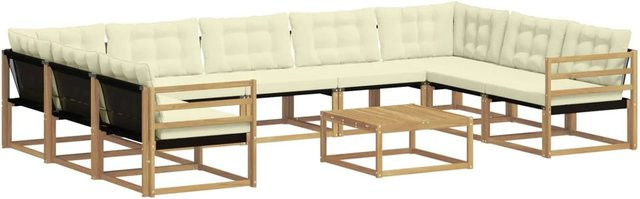 vidaXL Outdoor-Sofagarnitur aus massivem Akazienholz in U-Form, 10-teiliges Set mit Textilene und Kissen, Weiß und Beige - Bild 1