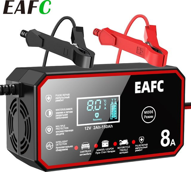 EAFC 8A 12V Smart Car Battery Charger mit Pulse Repair für Blei-Säure- und LiFePO4-Batterien, Schwarz - Bild 1