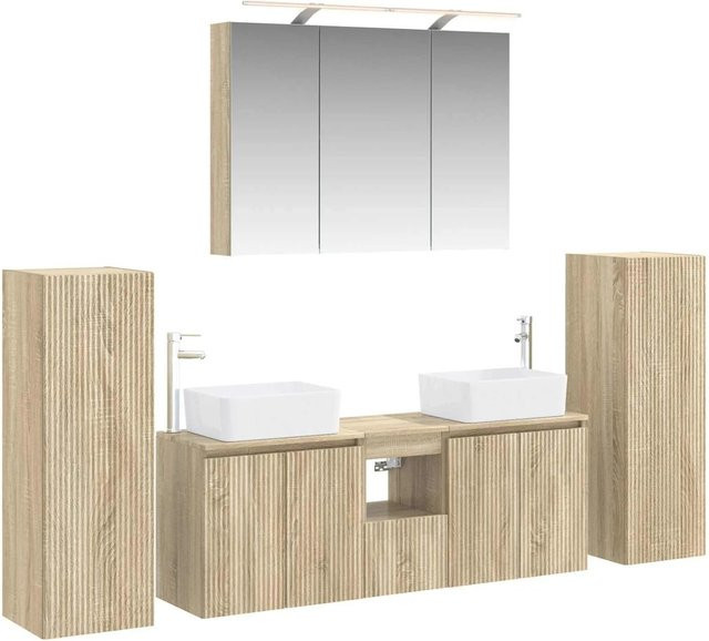 vidaXL Badezimmermöbel-Set 6-teilig in Sonoma-Eiche mit Glas und LED-Beleuchtung - Bild 1