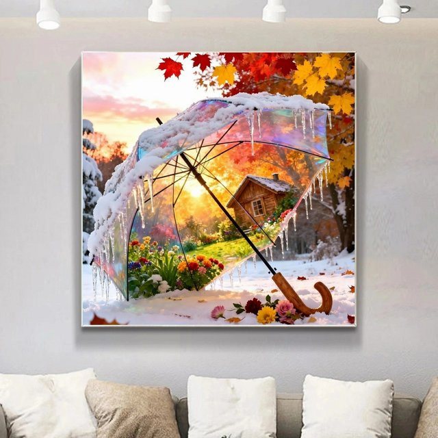 Potdemiel DIY Diamant-Mosaik Regenschirm Ahornblatt Herbst-Winter-Landschaft mit runden Steinen in Multicolour - Bild 1