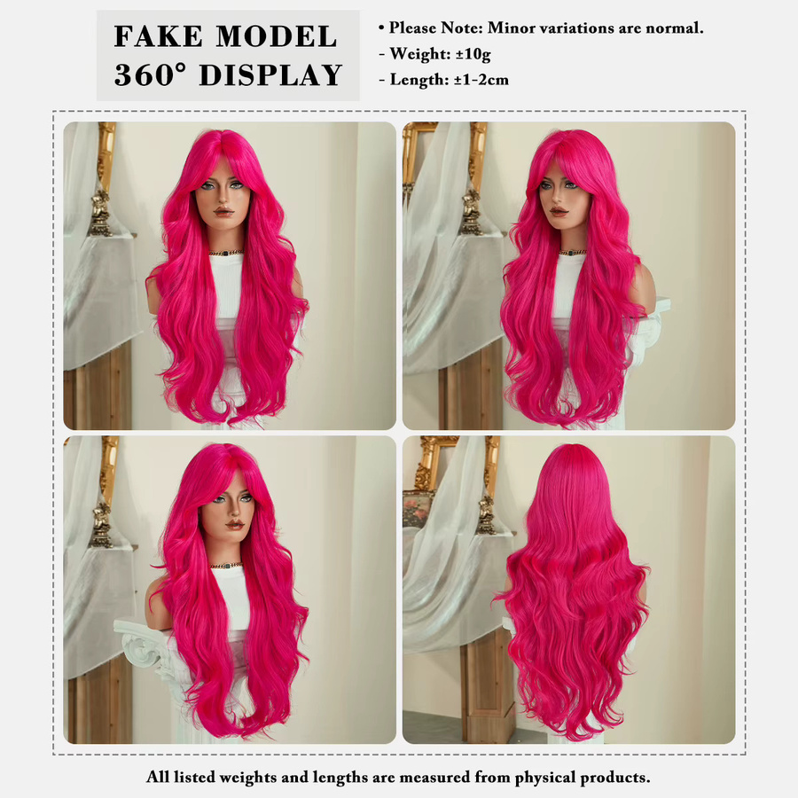 7JHH WIGS Perücke für Damen, lang gewellt, rosa, mit Mittelscheitel und Vorhang-Pony - Bild 3