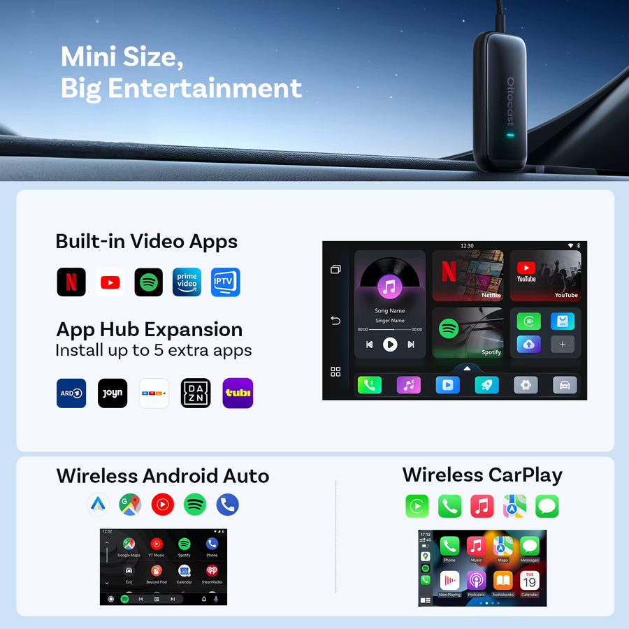 OTTOCAST Play2Video Ultra Video Box 3-in-1 Kabelloser CarPlay und Android Auto Adapter mit YouTube, Netflix und IPTV in Schwarz - Bild 2