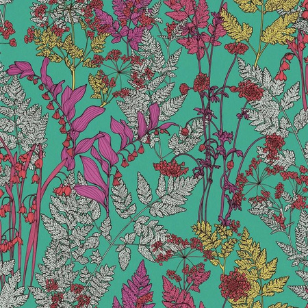 Profhome Tapete Floral Botanisch Matt in Grün Lila Grau mit Blumenmuster, Breite: 0,53 m, Länge: 10,05 m