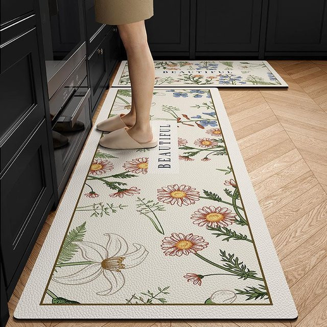 Rutschfeste Kieselgur-Fußmatte von Yiran Furniture für die Küche, wasserabsorbierend und ölbeständig, floral, grün/mehrfarbig, B/T: 75 x 45 cm - Bild 1