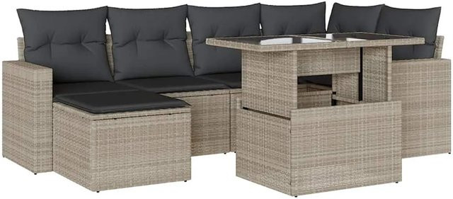 vidaXL 7-teilige Garten-Sofagarnitur in L-Form aus Polyrattan mit Kissen in Hellgrau - Bild 1