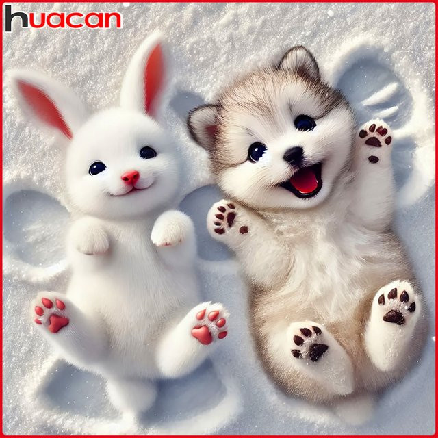Huacan Diamantmalerei Bastelset mit Kaninchen und Hund im Wintermotiv, Mehrfarbig, B/H: 20 x 20 cm - Bild 1