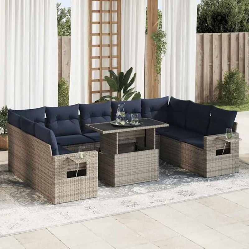 10-teilige moderne Garten-Sofagarnitur aus Poly-Rattan und Akazie in Grau mit Kissen von vidaxl - Bild 1