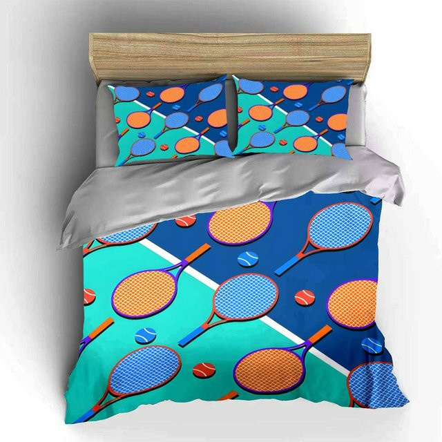 Dreiteiliges Bettwäsche-Set mit Tennis-Motiv in Blau, Microfaser, B/H: 135 x 200 cm - Bild 1