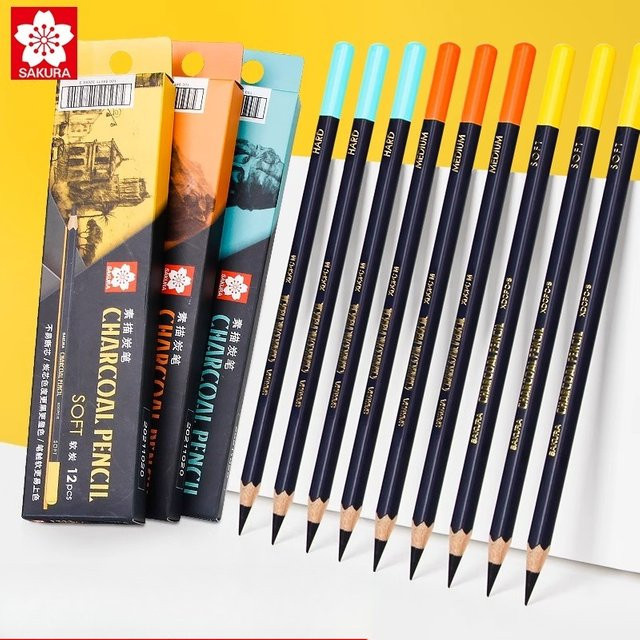 SAKURA Professionelles Holzkohle-Bleistift-Set mit 12 farbigen Graphitstiften in weich, mittel und hart für Künstler und Studenten - Bild 1