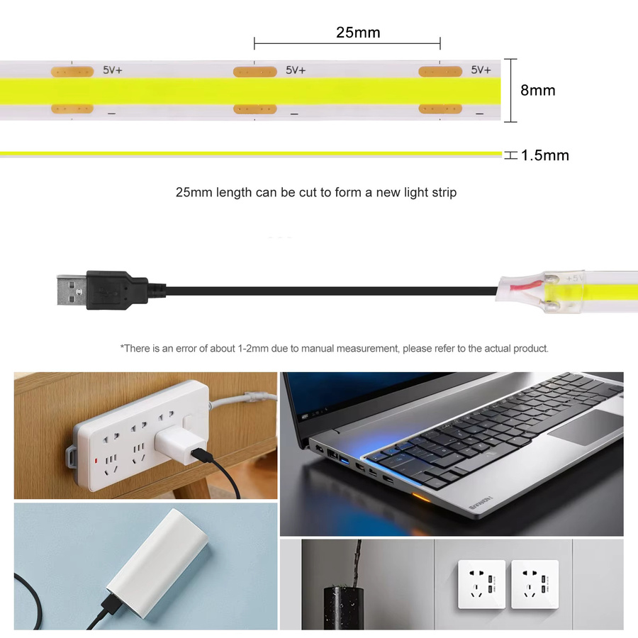 HEGEHE Ultrahelle USB-COB-LED-Streifen für TV-Hintergrundbeleuchtung, RGB, Weiß/Rot/Grün/Blau/Rosa, 2,4 m Länge, Breite: 0,8 cm - Bild 4