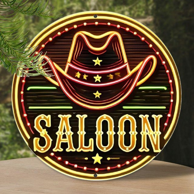 Potdemiel Vintage Western Saloon Schild aus Metall in Multicolor, runde Wanddekoration mit Cowboyhut-Motiv, Durchmesser: 20 cm - Bild 1