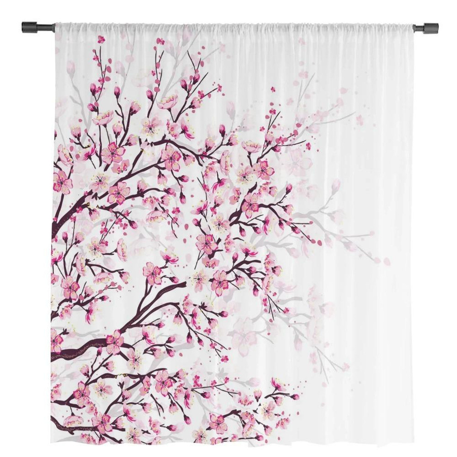Yiran Furniture Chiffon-Vorhänge mit Kirschblüten-Pflaumenzweig-Design in Rosa und Weiß, transparent, B: 135 cm, H: 215 cm, 2er-Set - Bild 1