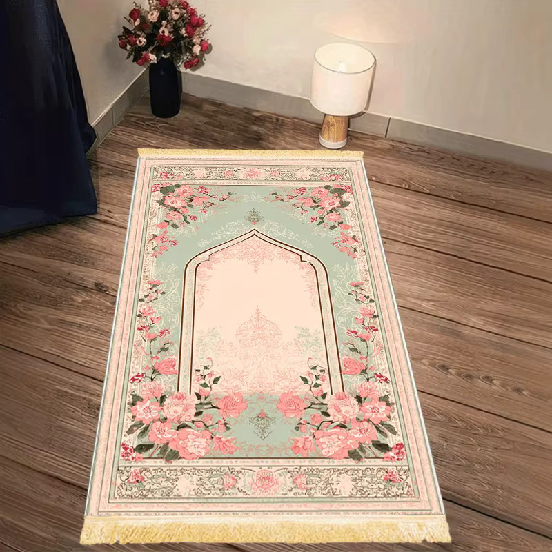 VIKAMA Gebetsteppich mit floralem Blumenbogen-Design in Rosa und Grün, tragbare muslimische Gebetsmatte für Wohnzimmer und Schlafzimmer - Bild 3