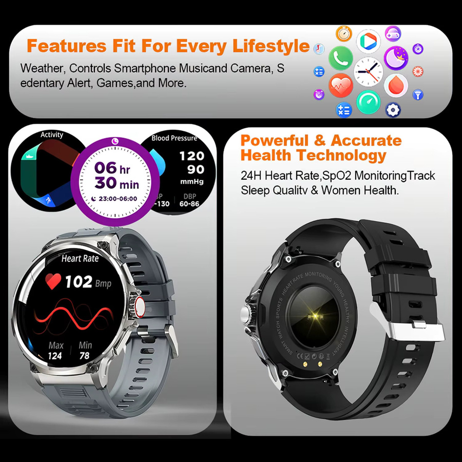 MISIRUN V69 Smartwatch für Männer mit Bluetooth Anruffunktion, 1,85 Zoll HD Bildschirm, Herzfrequenzmonitor und Multi Sport Modi, Schwarz - Bild 6