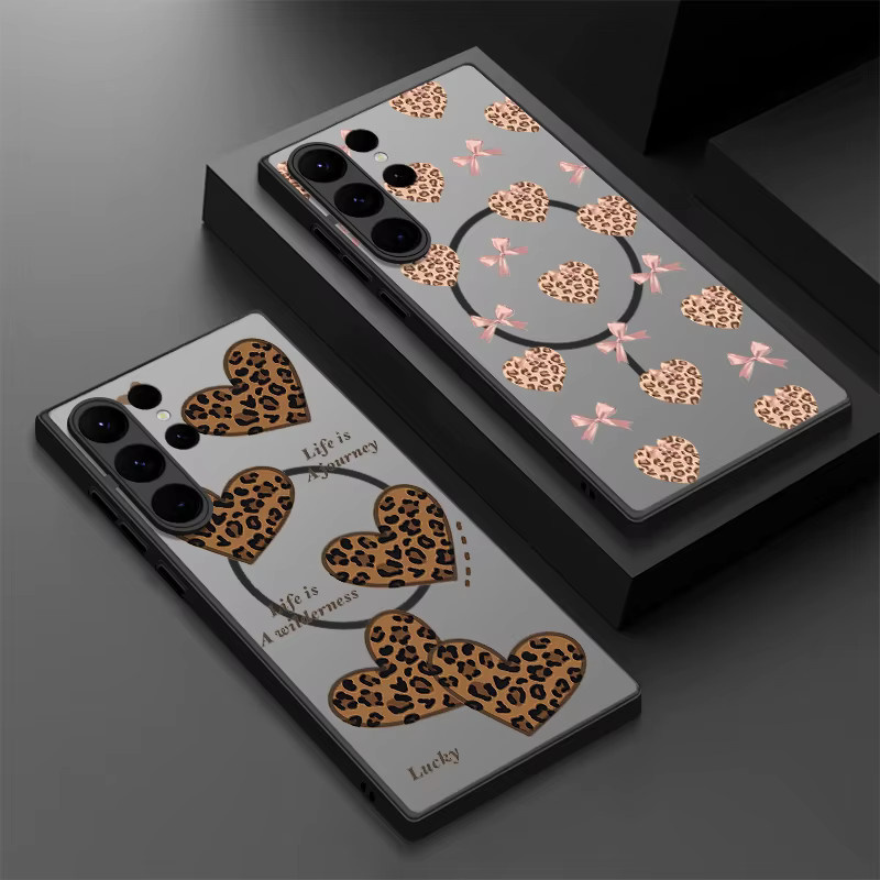 Magnetische Schutzhülle mit Leopardenmuster und Herzdesign für Samsung Galaxy S26 S25 S24 S23 S22 Ultra S25 FE, Matte Hartschale in Schwarz - Bild 1