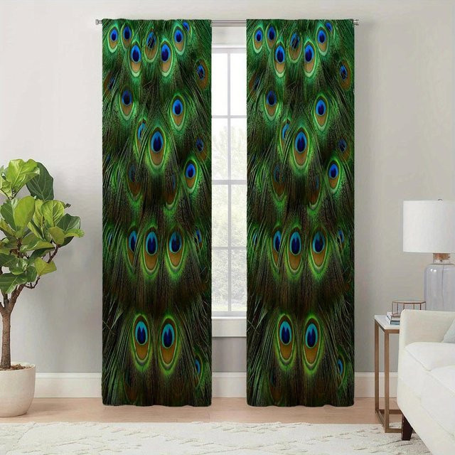 2-teiliges Set Yiran Furniture Vorhänge mit Pfauenfedern-Druck im böhmischen Stil aus Polyester, halbtransparent, Mehrfarbig, B: 100 cm, H: 130 cm - Bild 1