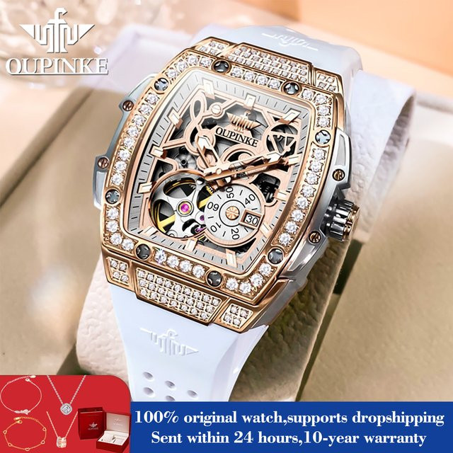 OUPINKE Armbanduhr, Automatik, Tonneau, Silikon, Weiß, Damen - Bild 1