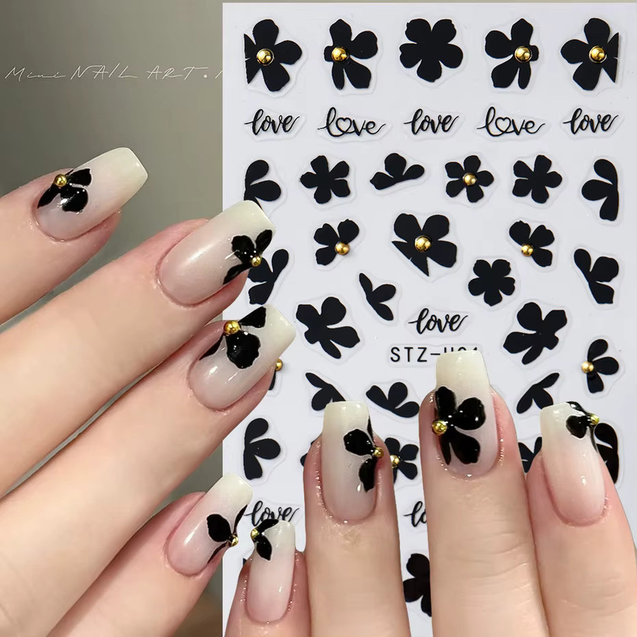Full Beauty Nagelaufkleber, 3D Blumen, Schwarz, Gold, Perle, Glänzend - Bild 2
