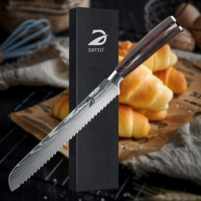 MDHAND Küchenbrotmesser mit Laser-Damaskus-Design aus silberfarbenem 7CR17 Edelstahl - Bild 1