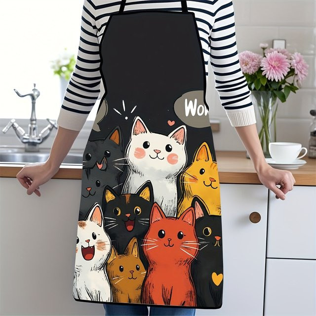 ZZN Küchenschürze aus Polyester mit Katzenmuster und Herz-Stern-Design, B/H/T: 50 x 75 x 50 cm - Bild 1