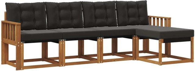 vidaXL Outdoor-Sofagarnitur 5-teilig L-Form aus Akazienholz und Textilene in Natur und Schwarz mit Kissen - Bild 1