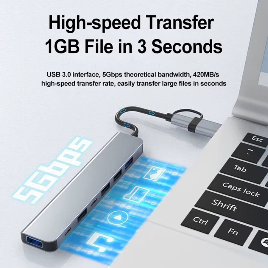 Congdi 7-in-1 USB-C-Hub aus Aluminium in Silber mit 5 USB 3.0 und 2 USB-C Anschlüssen für MacBook, iPad und Laptop - Bild 3