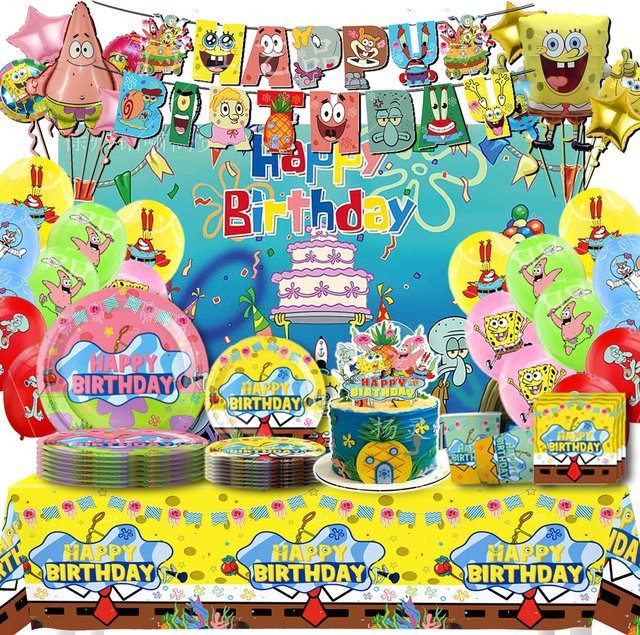 SpongeBob Party Dekoration Set von Bandai mit Einwegbesteck, Tellern, Luftballons, Banner und Kuchen Topper in Multicolor - Bild 1