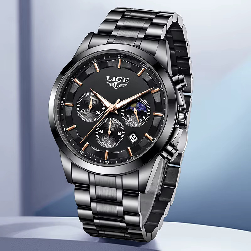 LIGE Chronograph, Quarz, Edelstahl, Schwarz, Silber, Herren - Bild 4