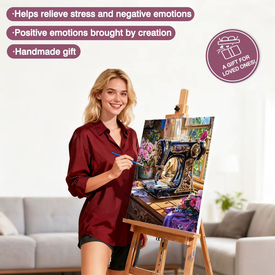 Huacan Malen nach Zahlen Set mit Nähmaschine und Blumen-Motiv auf Leinwand, Vintage Wandkunst in Mehrfarbig - Bild 3