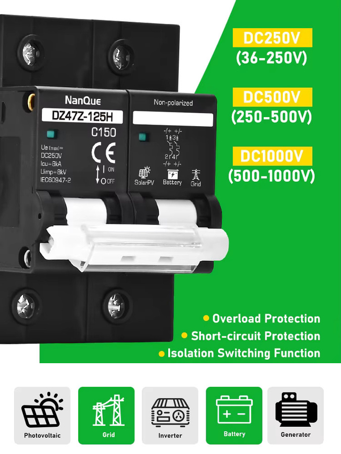 NANQUE 2er Set DC Leistungsschalter MCB C-Kurve für Solarpanels und Batterien mit 100A bis 150A und bis zu 1000V Kurzschlussschutz - Bild 7