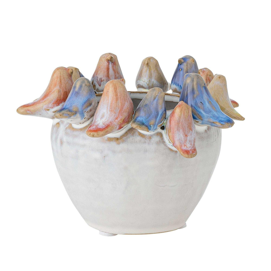 Bloomingville Eanna Blumentopf aus Keramik in Grau mit Vögelchen-Motiv, Höhe: 12,5 cm - Bild 1