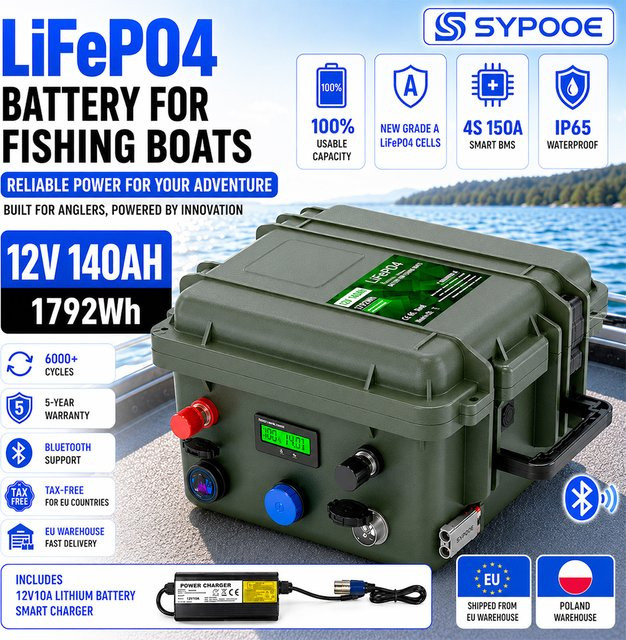 SYPOOE LiFePO4 Batteriepack 12V mit Bluetooth BMS und USB-C Anschluss, IP65 wassergeschützt, grün - Bild 1