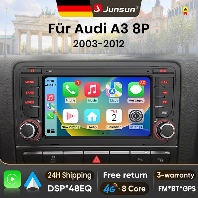 Junsun Android 15 Autoradio für Audi A3 8P S3 2003-2012 mit 7 Zoll IPS-Touchscreen, kabelloses Apple CarPlay und Bluetooth in Schwarz - Bild 1