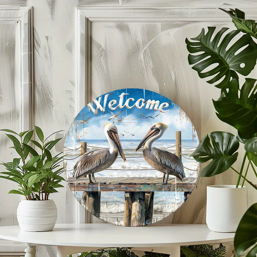 Potdemiel Rundes Aluminiumschild Welcome Pelicans Vintage Metallschild für Garten und Wanddekoration, Durchmesser: 20 cm, Mehrfarbig - Bild 2
