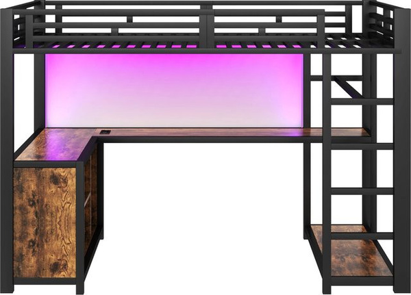 Merax Hochbett aus Metall mit LED-Unterbettbeleuchtung und Arbeitsplatz in Schwarz, B/T/H: 208 x 140 x 148 cm