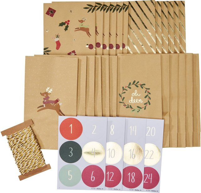 Adventskalender-Set Oh Deer in Gold, Braun und Multicolour aus Papier mit Rentier und Ilex-Zweigen - Bild 1