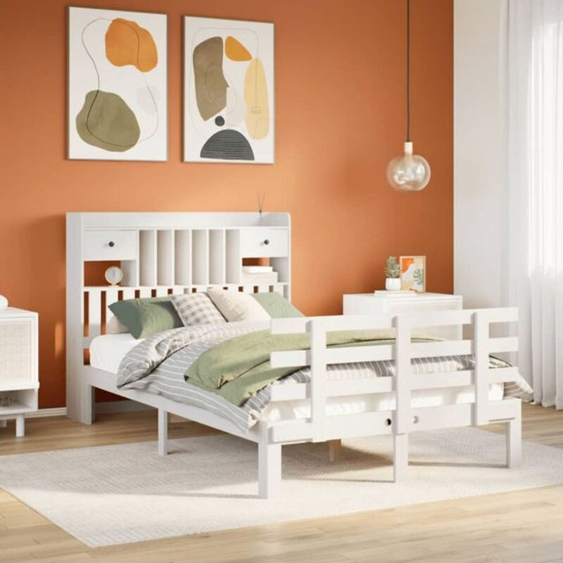 Massivholzbett Vidaxl aus Kiefer mit Regal in Weiß, B/T/H: 135 x 190 x 110 cm - Bild 1