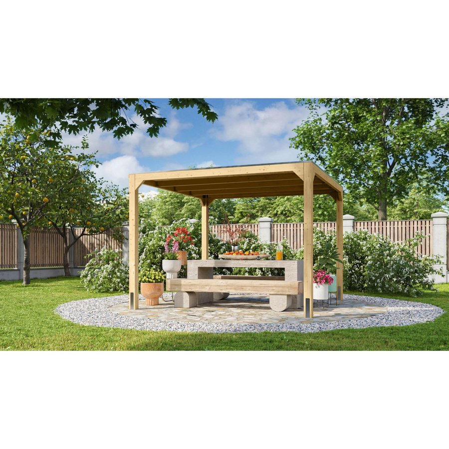 Karibu Fyrkant Pavillon Naturbelassen Braun mit Flachdach B/T: 320 x 320 cm, Höhe: 239 cm - Bild 2