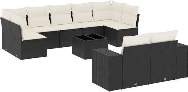 vidaXL 10-teilige Garten-Sofagarnitur aus Poly-Rattan mit Kissen in Schwarz - Bild 1