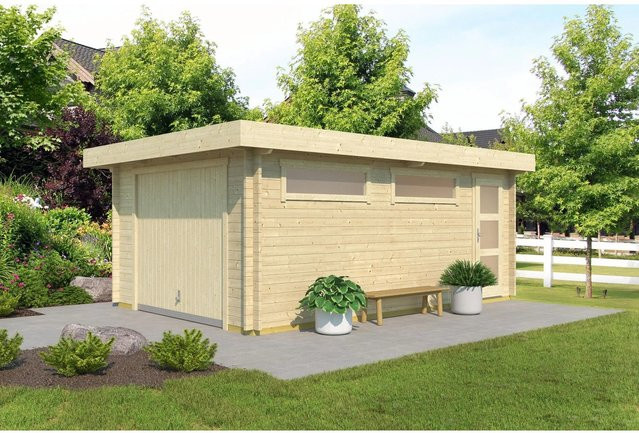 Lasita Garage Canberra Set aus Fichtenholz mit Schwingtor, seitlicher Eingangstür und zwei Milchglasfenstern, Farbe: Natur/Unbehandelt, B: 360 cm, T: 540 cm - Bild 1