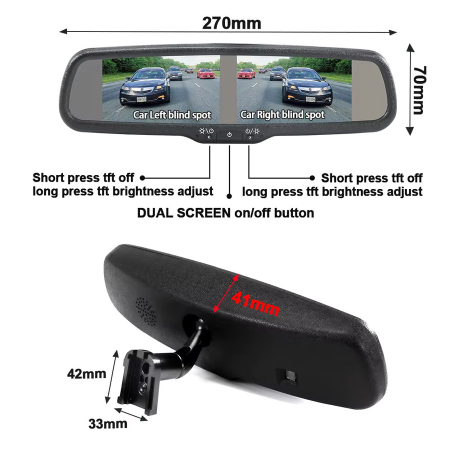 Carsanbo Auto-Rückspiegelmonitor mit 4,3 Zoll TFT LCD Doppelbildschirm, OEM NO.1 Halterung, CVBS Signal und 4CH RCA, Schwarz - Bild 3