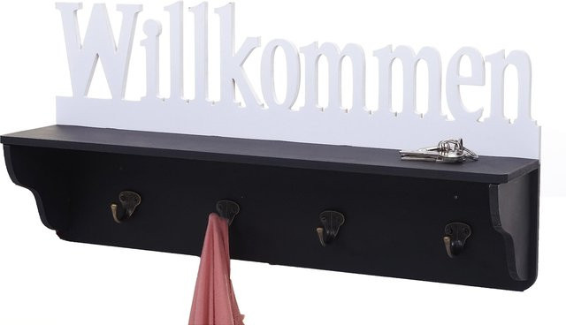 Wandgarderobe MCW Willkommen aus massivem Kiefernholz mit 4 Haken, B/H/T: 60 x 30 x 13 cm, schwarz/weiß - Bild 1