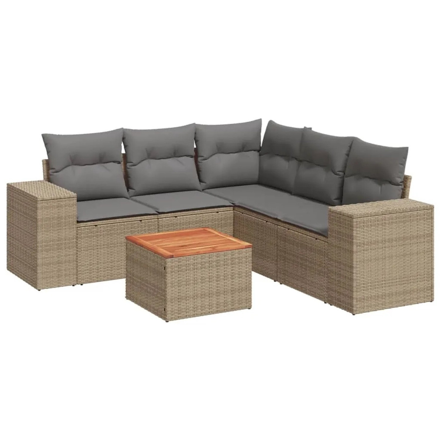 vidaXL 6-teilige Garten-Sofagarnitur in L-Form aus Poly-Rattan in Beige-Grau mit Kissen und Armlehnen - Bild 2