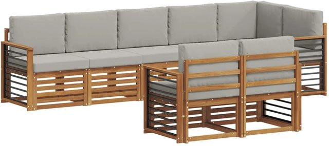 vidaXL Sofagarnitur 8-teilig aus Massivholz Akazie in Natur und Hellgrau, L-Form mit Polsterung und Kissen - Bild 1